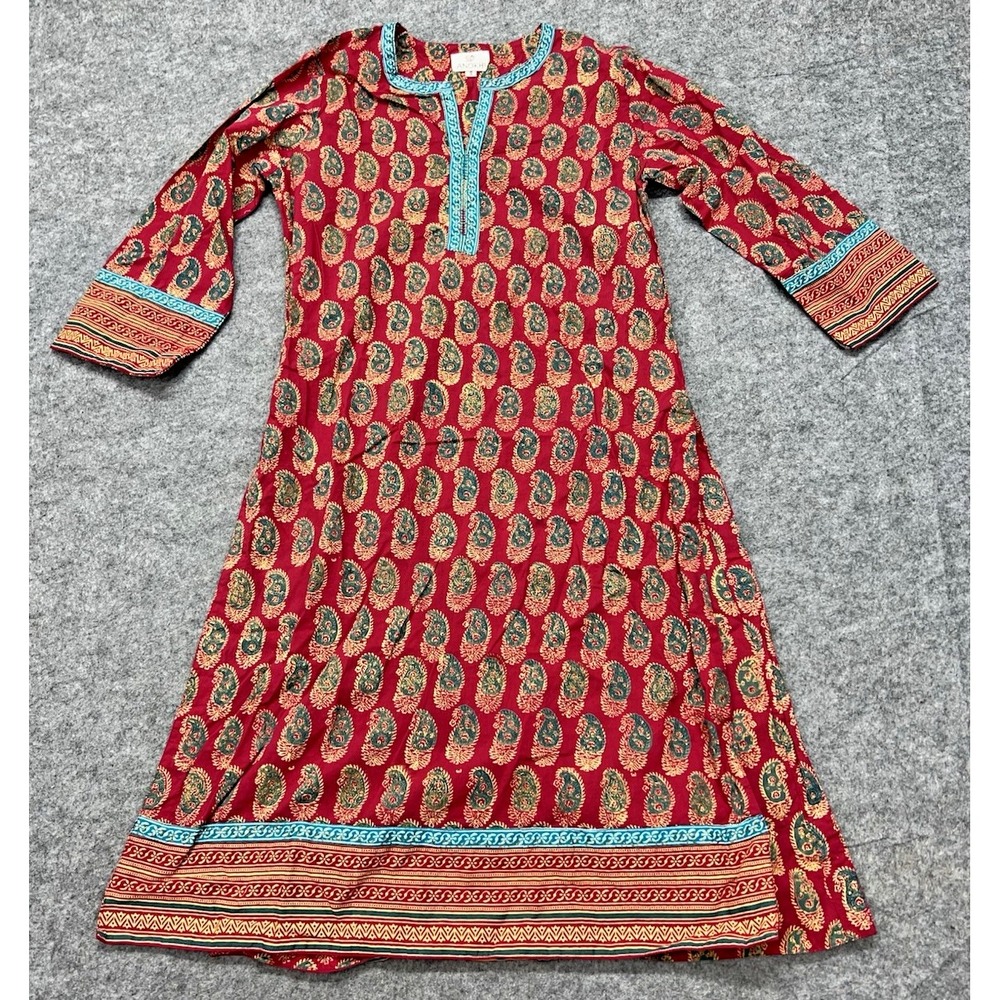 Anokhi Tunic Dress Women's Size Small Red Paisley Floral Full Length Long Sleeve